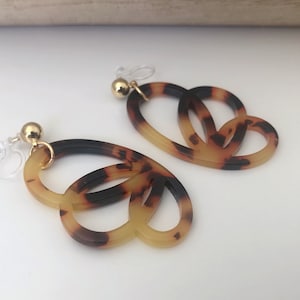 Acetate Tortoiseshell Butterfly Wings Dangle Earrings Brown, Small Gold Pearl CLIPS Invisible. Ready to give as a gift.