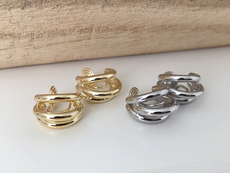 SCHMERZLOS CLIPS U Ohrringe Spirale Dreifache Kreise Gold / Silber Farbe. Bequeme Ohrclips. Zarte Ohrringe Bild 4