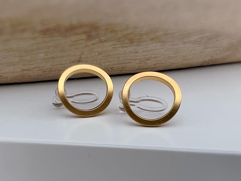 INVISIBLE Clip-on Earrings Matte Gold Color Circle, Comfortable ear clips, minimalist daily jewelry. image 3