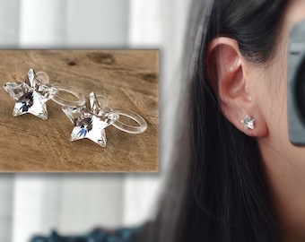Onzichtbare CLIPS oorbellen, PureCrystal kristallen ster, Kleine transparante kristallen ster, Sieraden voor elke dag.