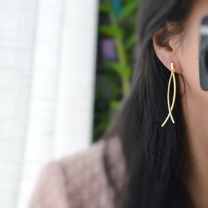 Long INVISIBLE Clip-on Earrings Mini rectangle with Double gold/silver dangling bar. Comfortable ear clips ready to gift image 8