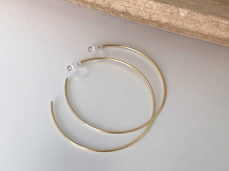 Large fine hoops. INVISIBLE Clip Earrings, Silver / Gold Hoops. Comfortable ear clips. image 7