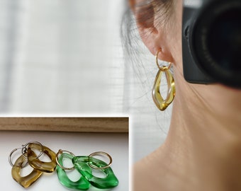 2 EN 1, Clips para oreja de aro de diamante grande de acetato verde marrón transparente. Pendientes Aro Clip Plata/Oro 20mm.CLIPS Cómodos