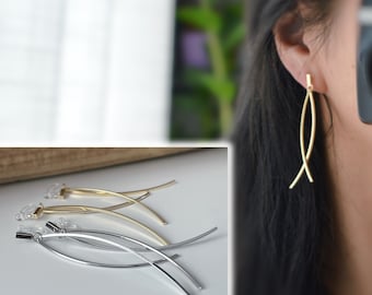 Lange ONZICHTBARE clip-on oorbellen Mini rechthoek met dubbele goud/zilver bungelende staaf. Comfortabele oorclips, klaar om cadeau te doen