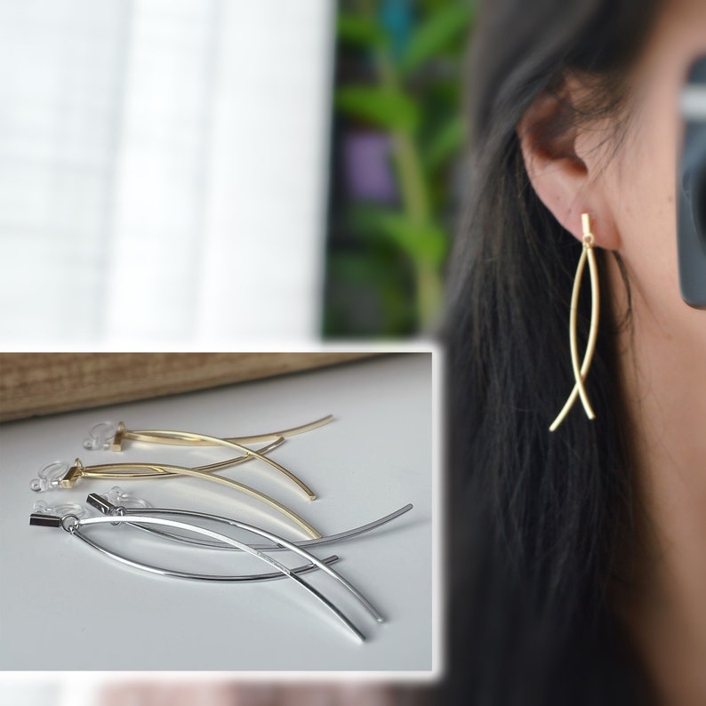Long INVISIBLE Clip-on Earrings Mini rectangle with Double gold/silver dangling bar. Comfortable ear clips ready to gift image 1