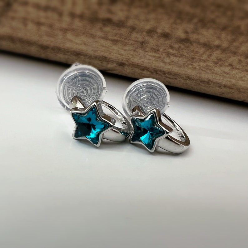 PAINLESS CLIPS earrings Small silver circle with small blue star. Comfortable Ear Clips Delicate Earrings image 8