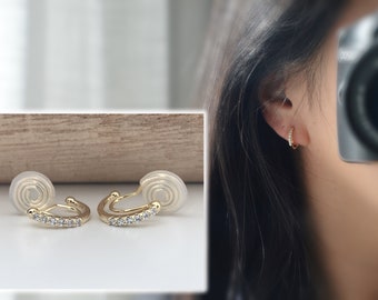 PAINLESS ! CLIPS U earrings spiral Semicircle Mini Round Zircon Stones gold plated. Comfortable ear clips.