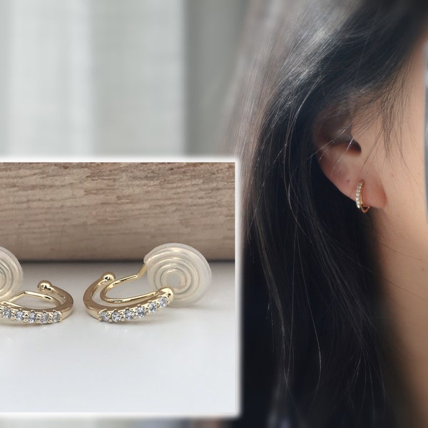 SANS DOULEUR ! Boucles d'oreilles CLIPS U spirale Demi-cercle Mini Pierres Zircon Rond plaqué d'Or. Clips d'oreilles confortable.