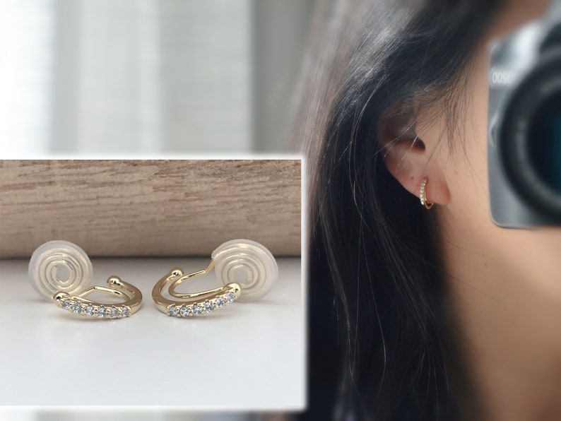 PAINLESS CLIPS U earrings spiral Semicircle Mini Round Zircon Stones gold plated. Comfortable ear clips. image 1