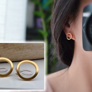 INVISIBLE Clip-on Earrings Matte Gold Color Circle, Comfortable ear clips, minimalist daily jewelry. image 1