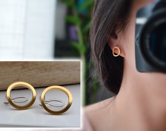 INVISIBLE Clip-on Earrings Matte Gold Color Circle, Comfortable ear clips, minimalist daily jewelry.