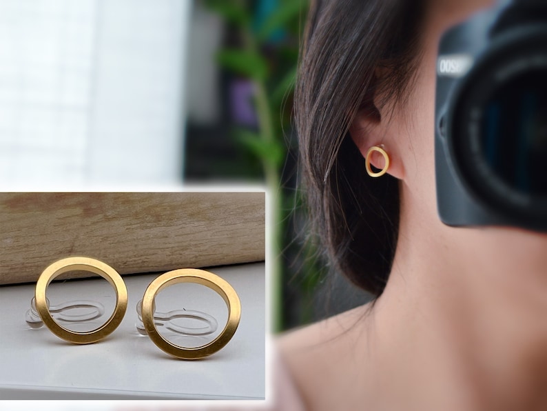 INVISIBLE Clip-on Earrings Matte Gold Color Circle, Comfortable ear clips, minimalist daily jewelry. image 1