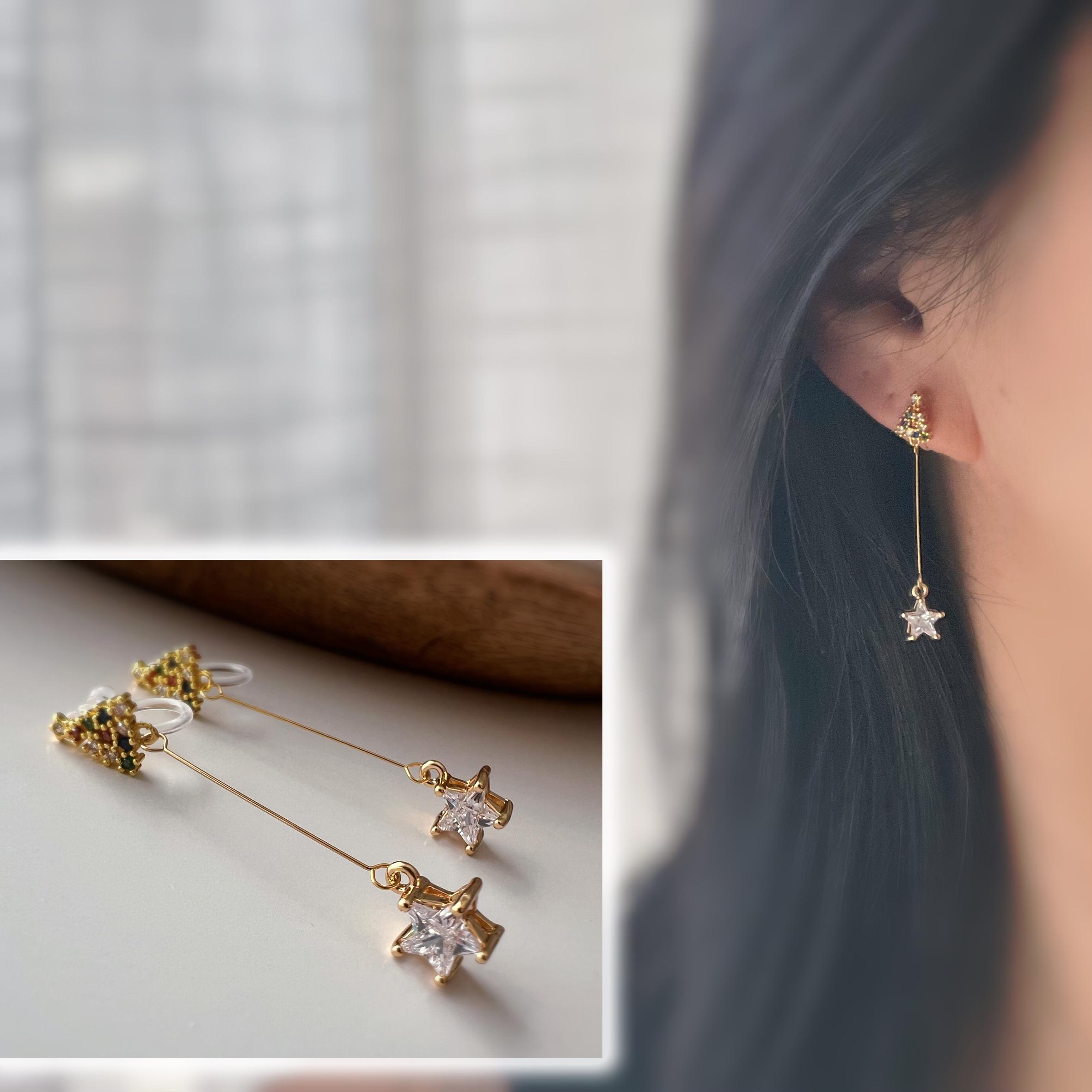 Boucles D'oreilles Sapin De Noël - 5,5 Cm, Alliage Léger - Avec étoile Dorée - Cadeau Fêtes