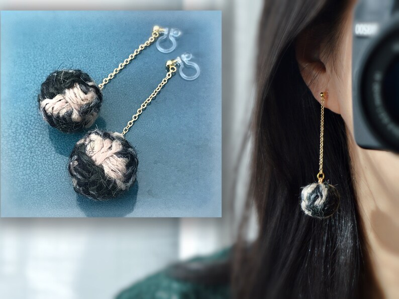 Clip On Earrings Non Pierced Fur Ball Wool Felt Balls Two-tone light brown and dark Green Pom Pom Balls Invisible Clip On Earrings Dangle