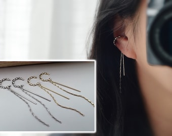 Clips de oreja retorcidos con cadena larga y barra de color plateado/dorado para orejas no perforadas. cómodos clips para las orejas