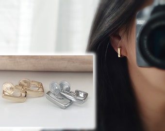 PAINLESS! U Spiral Rectangle Clip-on Earrings in Gold/Silver. Comfortable Clip-on Earrings. Delicate Earrings.