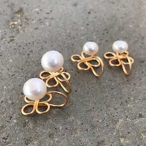 ¡¡SIN DOLOR!! Pendientes CLIPS U en forma de trébol de 4 hojas, Perla de agua dulce, baño de oro. Bucles delicados