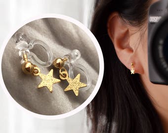 Invisible Clip on Earrings, little star K18 gold plate, everyday jewelry, very discreet earrings.  Non Pierced Earrings