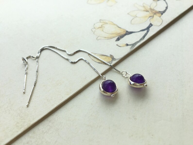 perle de Calc\u00e9doine violette avec anneau argent 925 Boucles D\u00e9licates Cha\u00eenette coulissante Cha\u00eenes d\u2019oreilles traversantes Argent 925