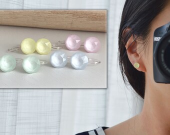 Minimalist invisible ear clips. PureCristal Crystals, Small Round Color Cream pink/ Cream green/ Cream blue/ Cream yellow. Crystal