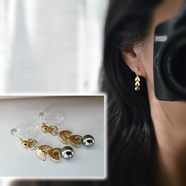 INVISIBLE dangling clip earrings, Gold-colored leaf chain with small silver pearl. comfortable ear clips.