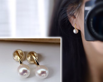 PAINLESS ! Gold-plated spiral U CLIPS earrings White pearl 10mm Gold bar. Comfortable ear clips.
