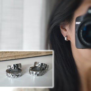 Rock CLIPS earrings, frosted silver flower hoops. Non-pierced ears. Everyday jewelry.