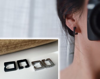 Rock CLIPS CLAMP quadratische Ohrringe Silber / Schwarz. Ohrclips für nicht durchstochene Ohren. Täglicher Schmuck für Männer und Frauen