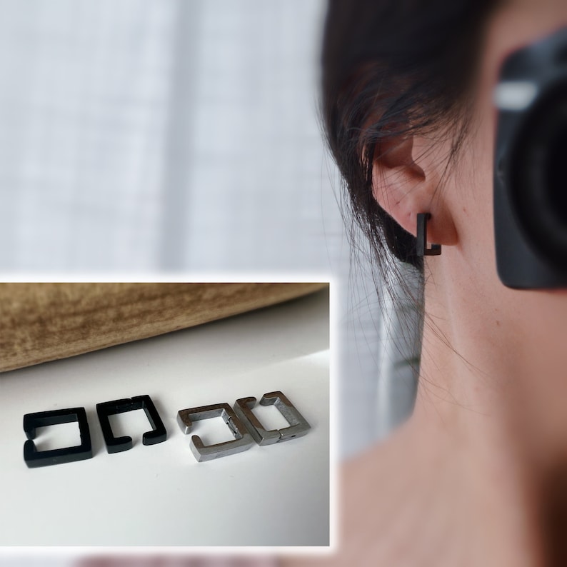 Boucles d'oreilles Rock CLIPS CLAMP carré Argent / Noir. clips d'oreilles pour Oreilles Non Percées. Bijoux quotidiens hommes femmes image 1
