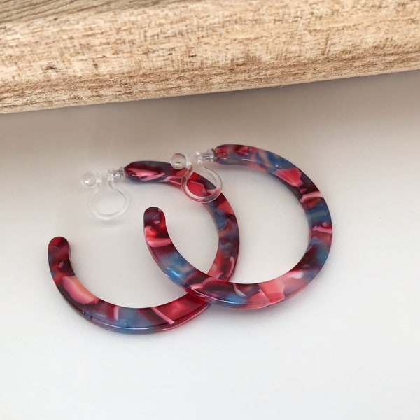 Acetate Hoop Earrings, Invisible CLIPS Small Circles. Blue red acetate. Ready to offer