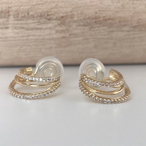 SANS DOULEUR Boucles d'oreilles CLIPS U spirale Triple cercles anneaux zircon. Clips d'oreilles confortable Délicates plaqué d'or 18K image 5