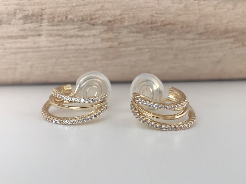 SANS DOULEUR Boucles d'oreilles CLIPS U spirale Triple cercles anneaux zircon. Clips d'oreilles confortable Délicates plaqué d'or 18K image 5