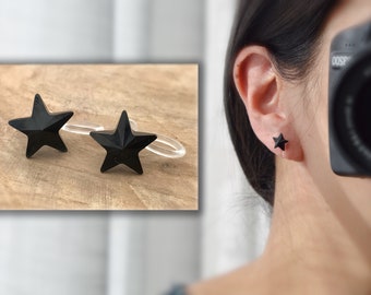 Invisible CLIPS oorbellen, PureCrystal Crystal Star, kleine zwarte kristallen ster, minimalistische sieraden voor elke dag.