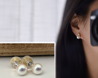 PAINLESS ! CLIPS U spiral earrings gold plated White pearl 8mm Zircon 4MM. Comfortable ear clips.