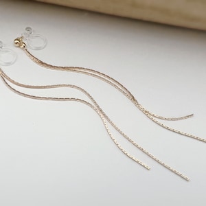 Long INVISIBLE CLIPS earrings, Double gold-colored tassel chain. Comfortable chain ear clip for non-pierced ears image 2