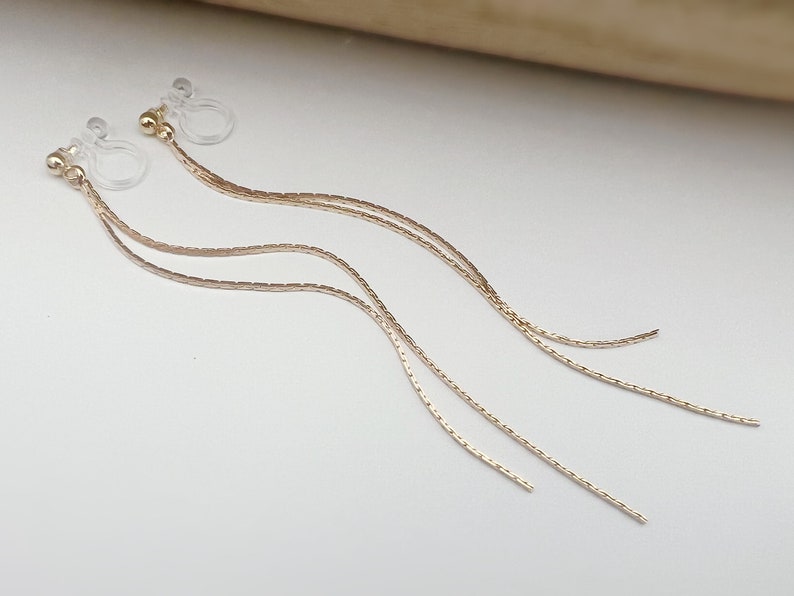 Long INVISIBLE CLIPS earrings, Double gold-colored tassel chain. Comfortable chain ear clip for non-pierced ears image 2