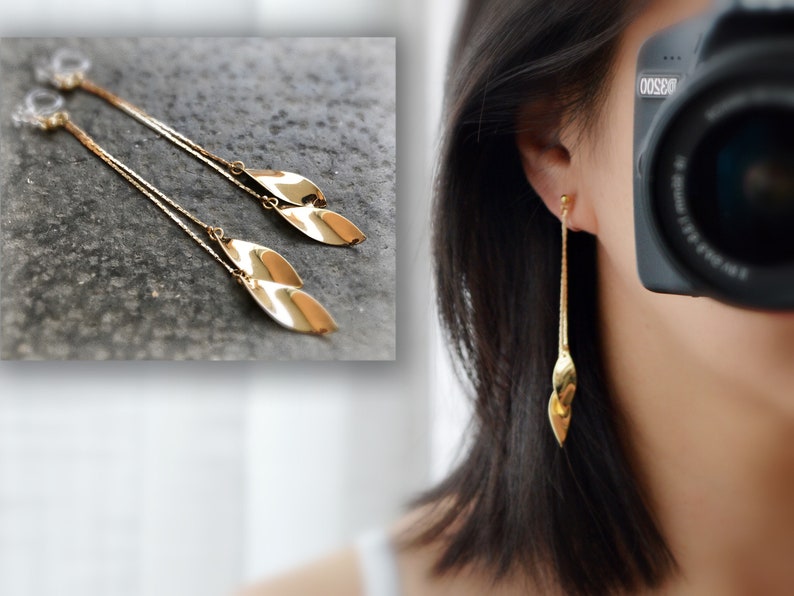 Longues Boucles d'oreilles CLIPS INVISIBLES pendantes tassel feuilles couleur doré, 18k plaqué d'or. Bijoux quotidien. image 1