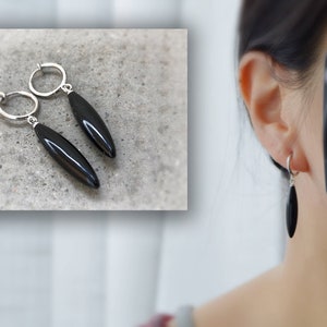 CLIPS earrings, silver metal rings, BLACK pearl, water drop