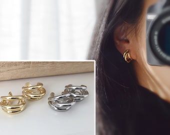 PAINLESS ! CLIPS U spiral earrings Triple circles Gold / Silver color. Comfortable Ear Clips Delicate Earrings