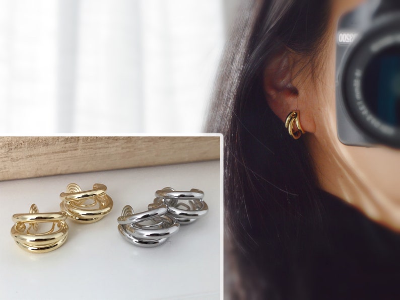 SCHMERZLOS CLIPS U Ohrringe Spirale Dreifache Kreise Gold / Silber Farbe. Bequeme Ohrclips. Zarte Ohrringe Bild 1