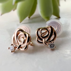 PAINLESS! CLIPS U spiral earrings small Pink Flower Mini Zircon Stones Rose Gold color. Comfortable clips ready to offer