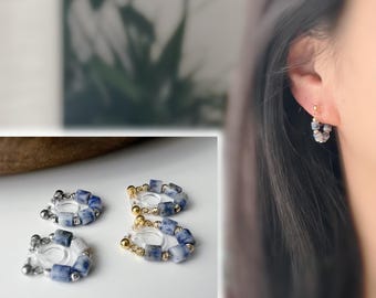 Boucles D'oreilles Clip Argenté Antique – Perle Blanche Et Turquoise – Sans Perçage