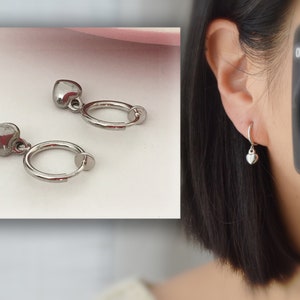 Silver-tone metal clip-on earrings, mini heart-shaped silver earrings, everyday jewelry