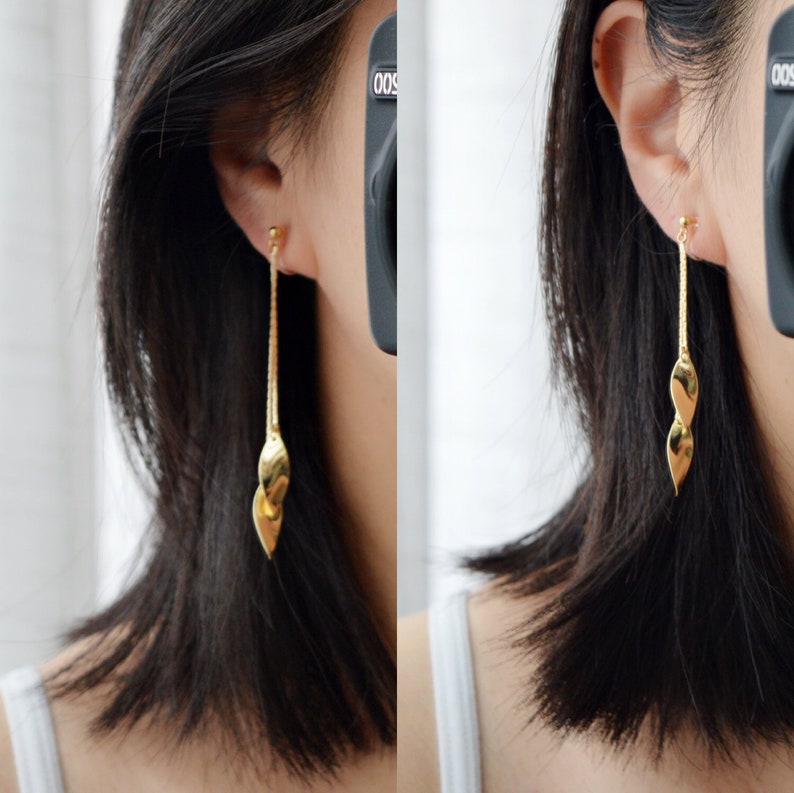 Longues Boucles d'oreilles CLIPS INVISIBLES pendantes tassel feuilles couleur doré, 18k plaqué d'or. Bijoux quotidien. image 7