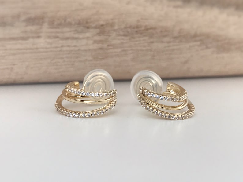 SANS DOULEUR Boucles d'oreilles CLIPS U spirale Triple cercles anneaux zircon. Clips d'oreilles confortable Délicates plaqué d'or 18K image 4