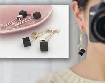 Trois cubes. Longues Clips d'oreilles Cube creux noir argenté / doré, CLIPS Invisible pendantes confortable