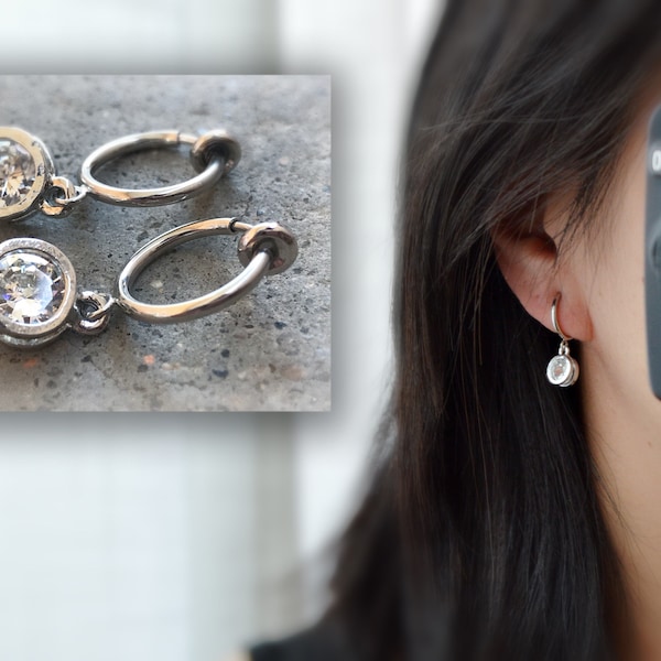 Boucles d'oreille CLIPS anneaux 13mm avec perle strass rond, couleur argent, pour oreilles non percées. Petit rond. Bijoux quotidien.