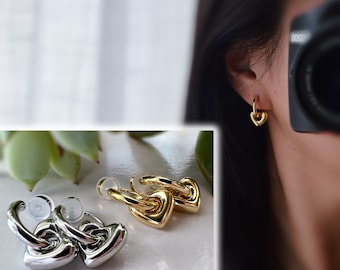 2 En 1 Sans DOULEUR ! Boucles d'oreilles CLIPS U petit cercle et cœur, Argent/ Or. Clips d'oreilles confortable