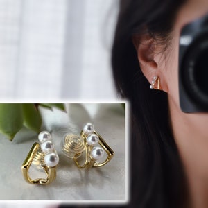 PAINLESS ! CLIPS U earrings spiral V triangle triple Gold-colored white pearls. Comfortable daily clips Ready to offer.
