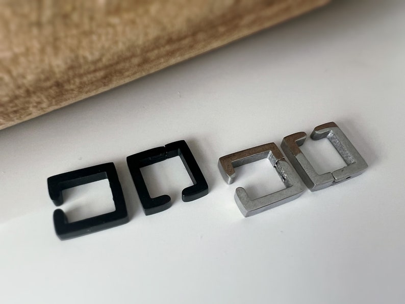 Boucles d'oreilles Rock CLIPS CLAMP carré Argent / Noir. clips d'oreilles pour Oreilles Non Percées. Bijoux quotidiens hommes femmes image 4